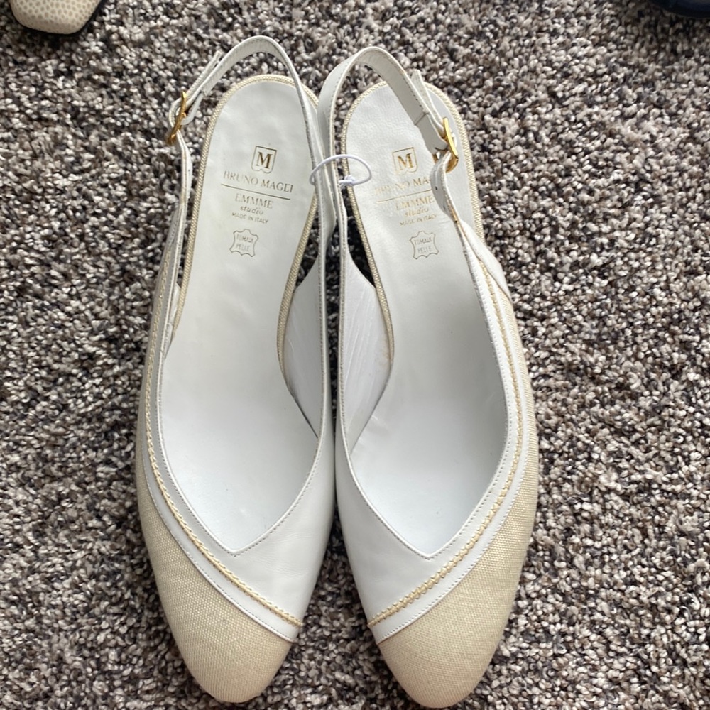 Never worn Bruno Magl’i white and tan “Emme” sling backs